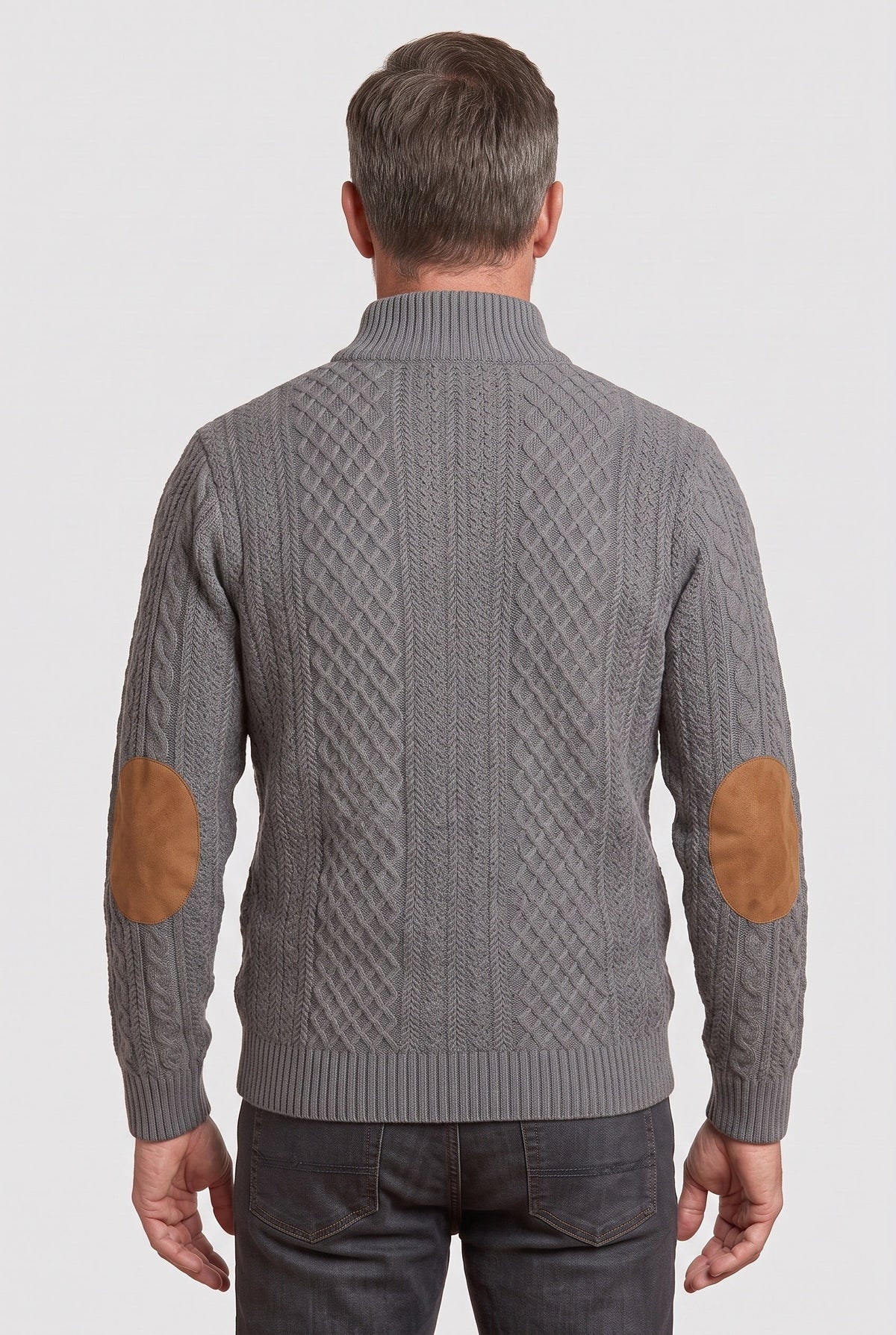 Men's Cable Knit Sweater | Button Neck Elbow Patches - 2
