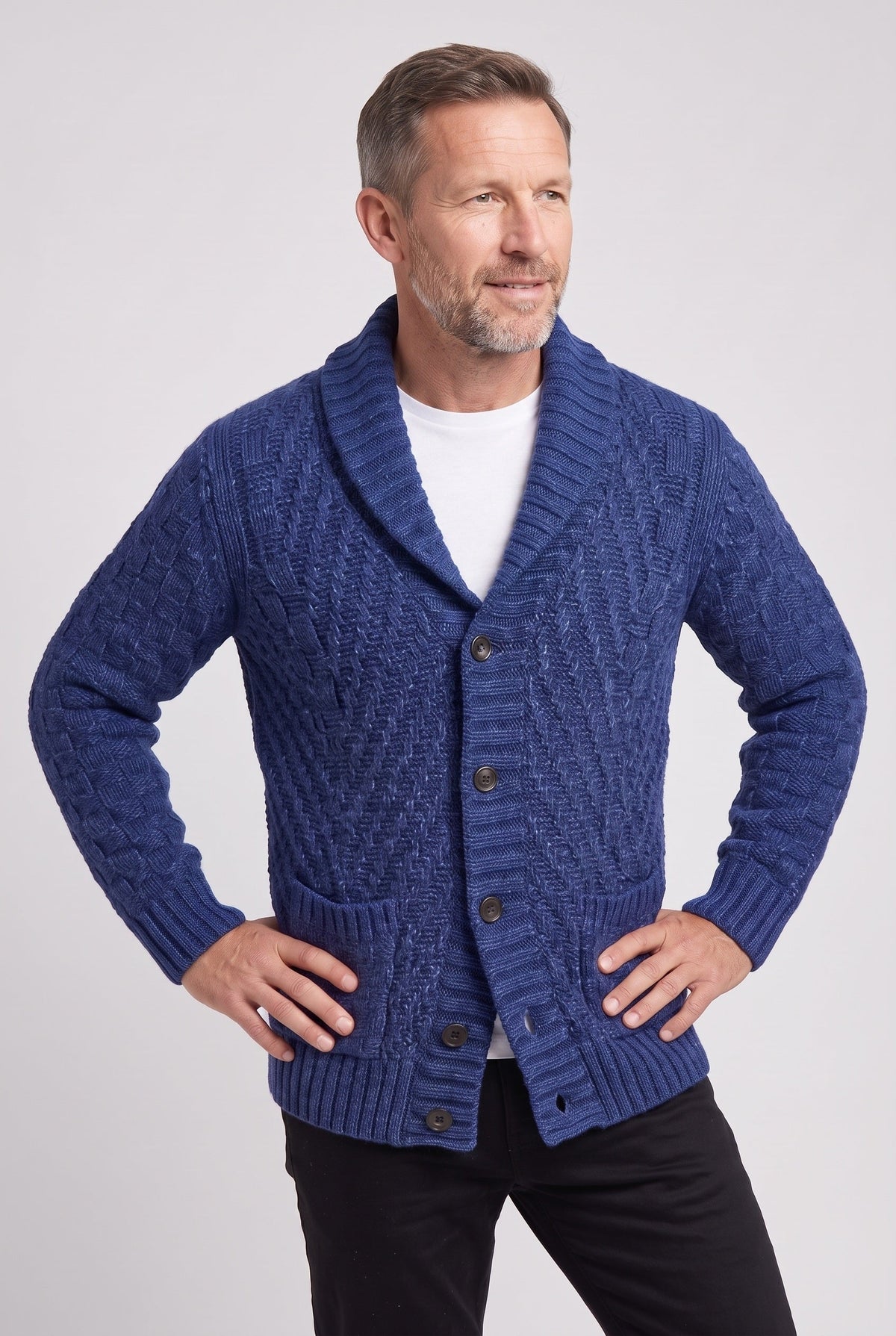 Men's Cardigan | Basket Weave Shawl Collar - 5