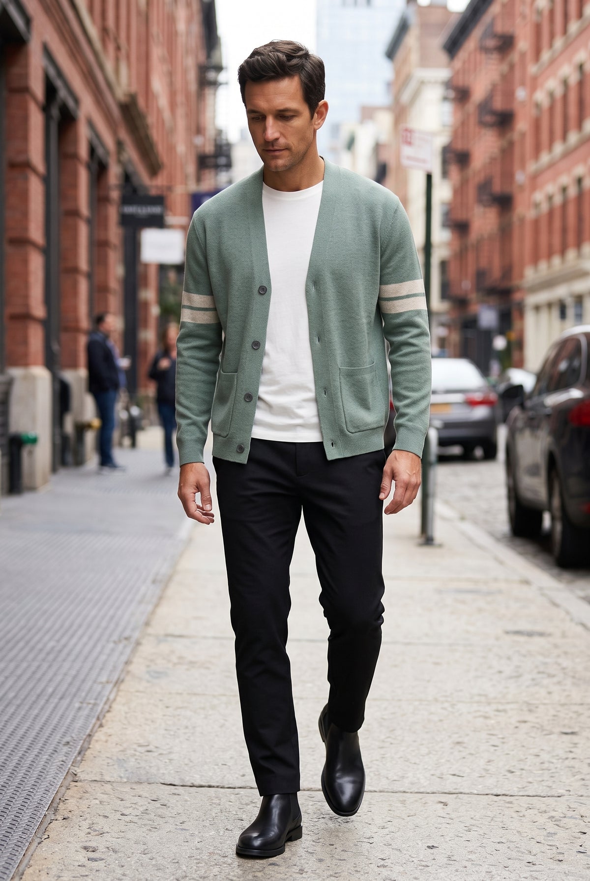 Men's Cardigan | V Neck with Striped Sleeves - Light Green lifestyle