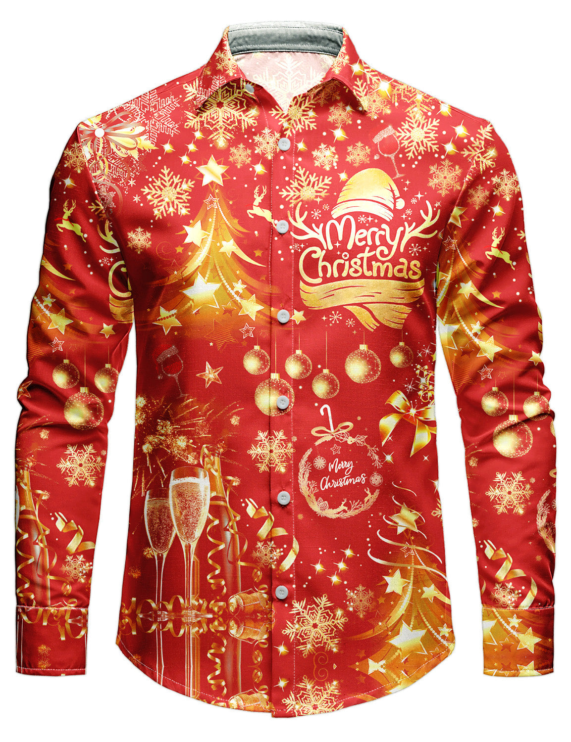 Men's Christmas Shirt | Gold Print Long Sleeve Button Up Party - 3