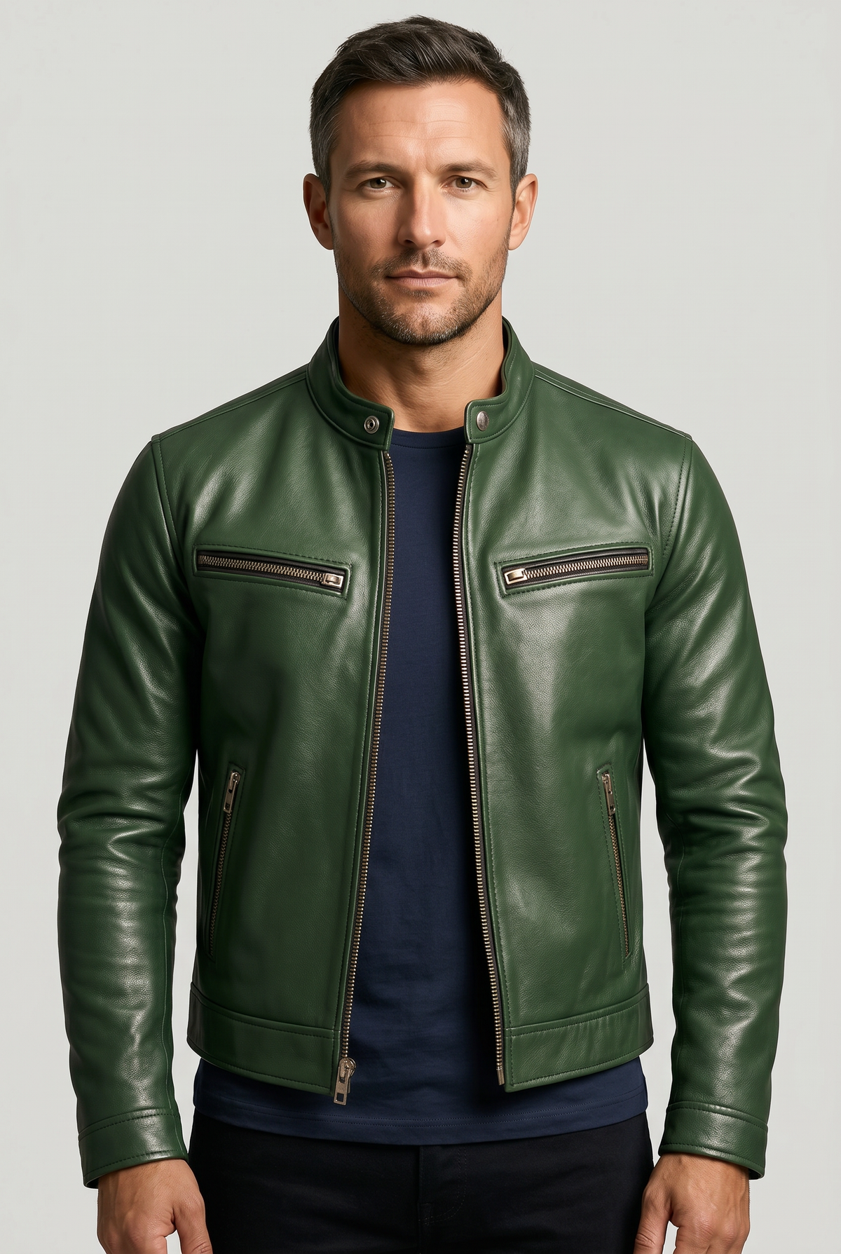 Men's Leather-Look Jacket | Band Collar Four Zip Pockets - 1