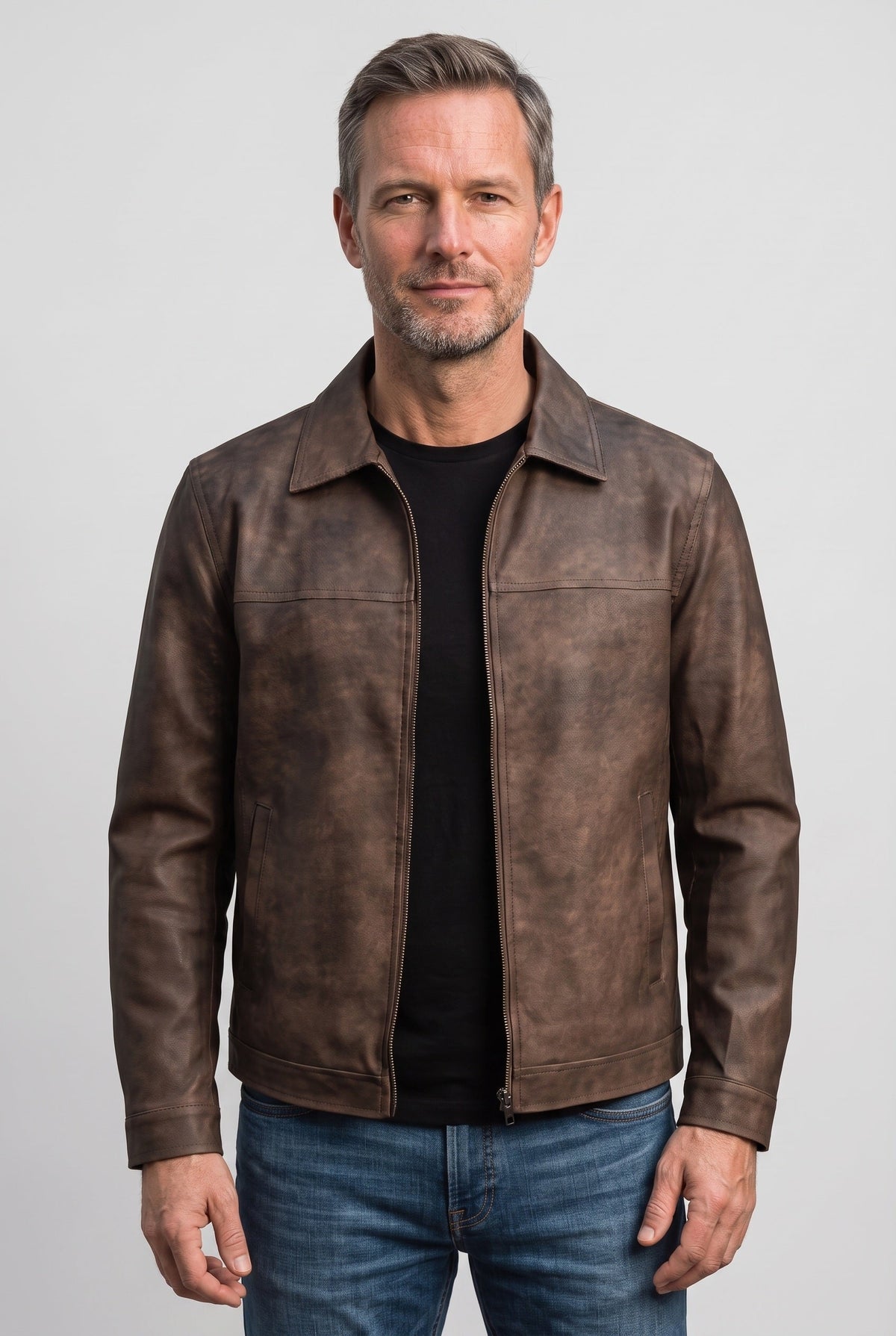 Men's Leather-Look Jacket | Shirt Collar Zip Front - 1