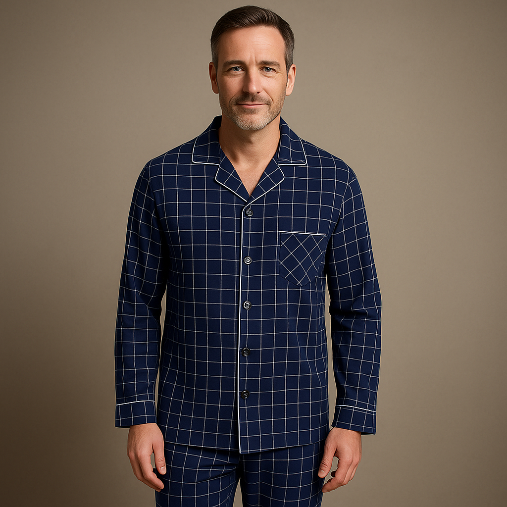 Men's Pajamas | Check Print Button Up Shirt & Pants Piped Set - 1