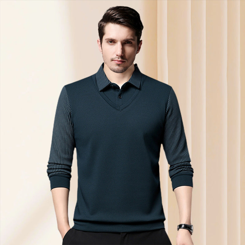 Men's Polo Sweater | Layered Look Shirt Collar Ribbed Sleeve Knit - 2