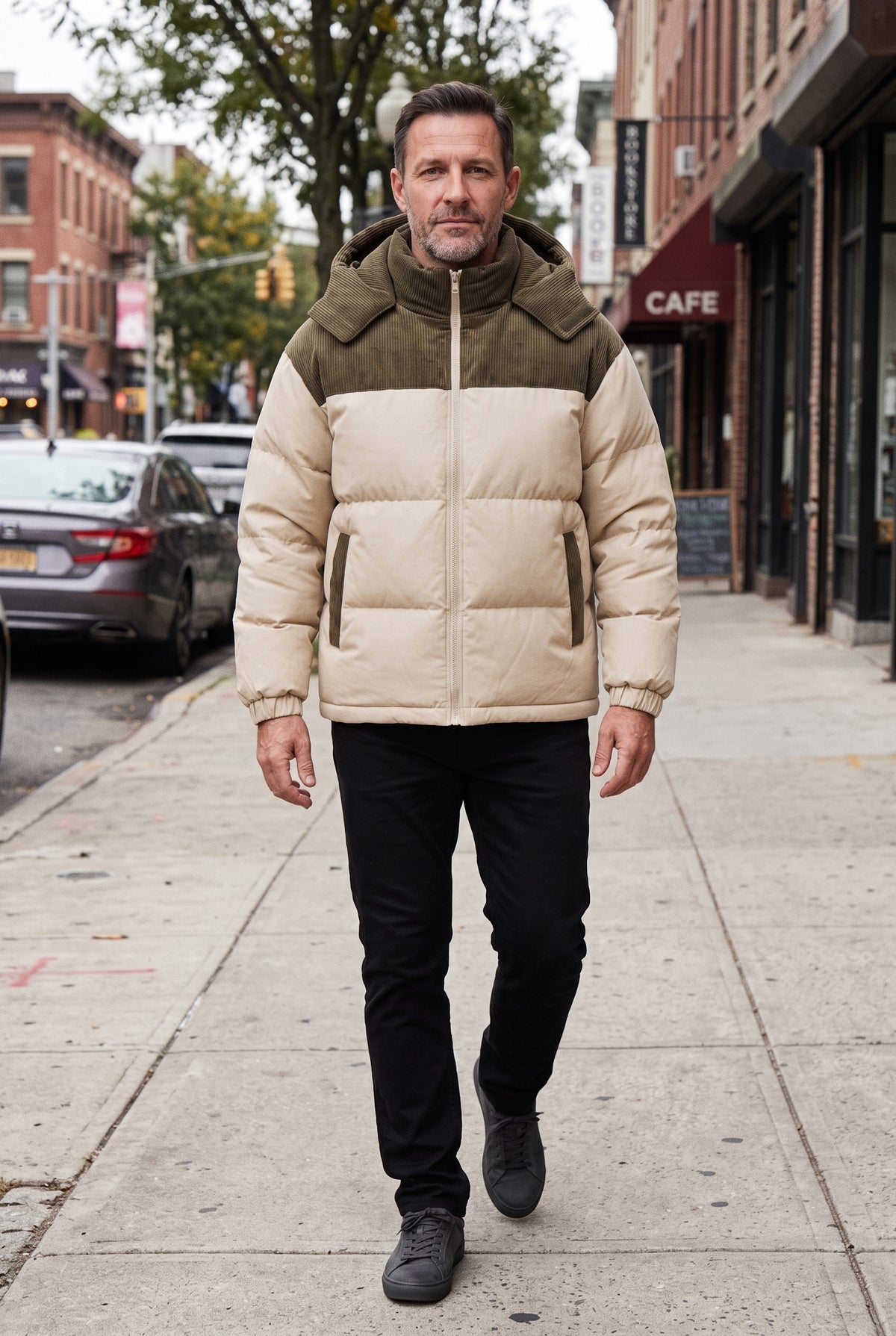 Men's Puffer Jacket | Hooded Two-Tone Ribbed Yoke - Khaki lifestyle