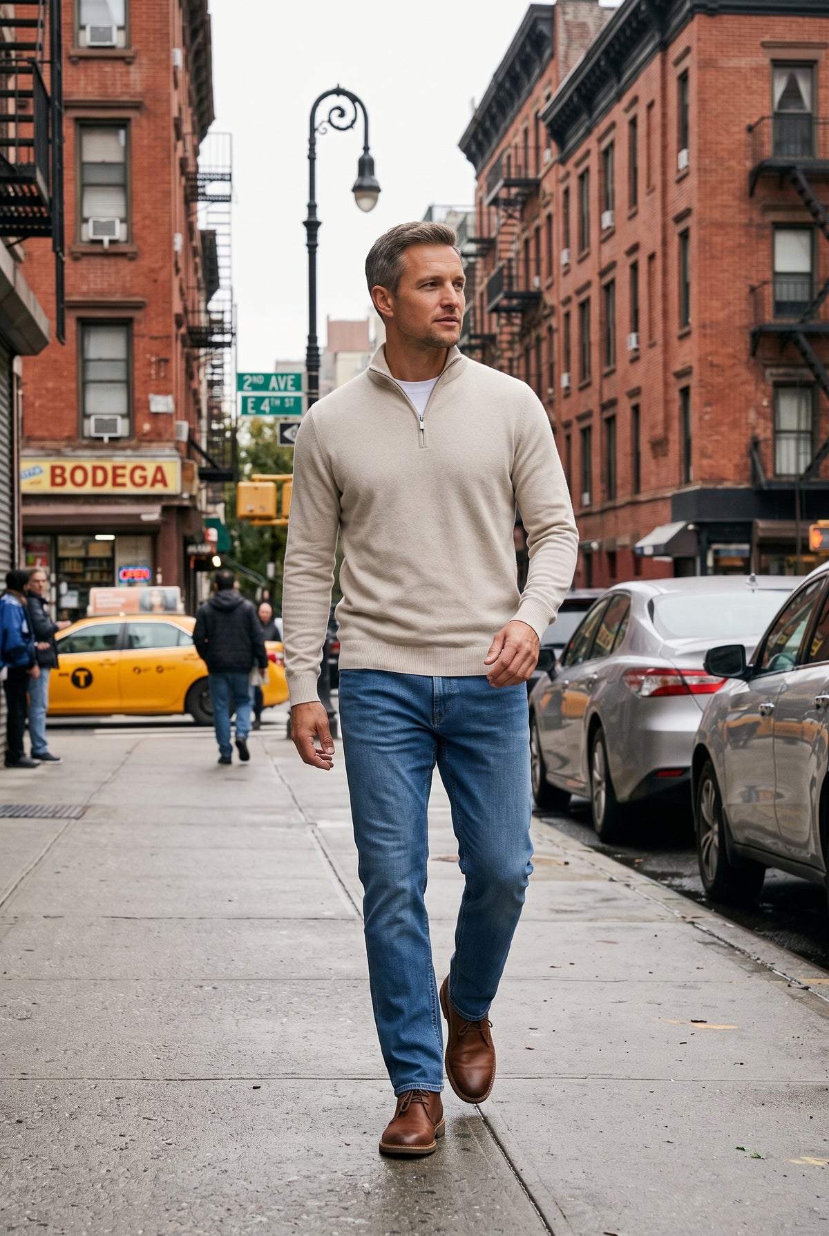 Men's Quarter Zip Sweater | Funnel Neck Marled Knit - Beige lifestyle