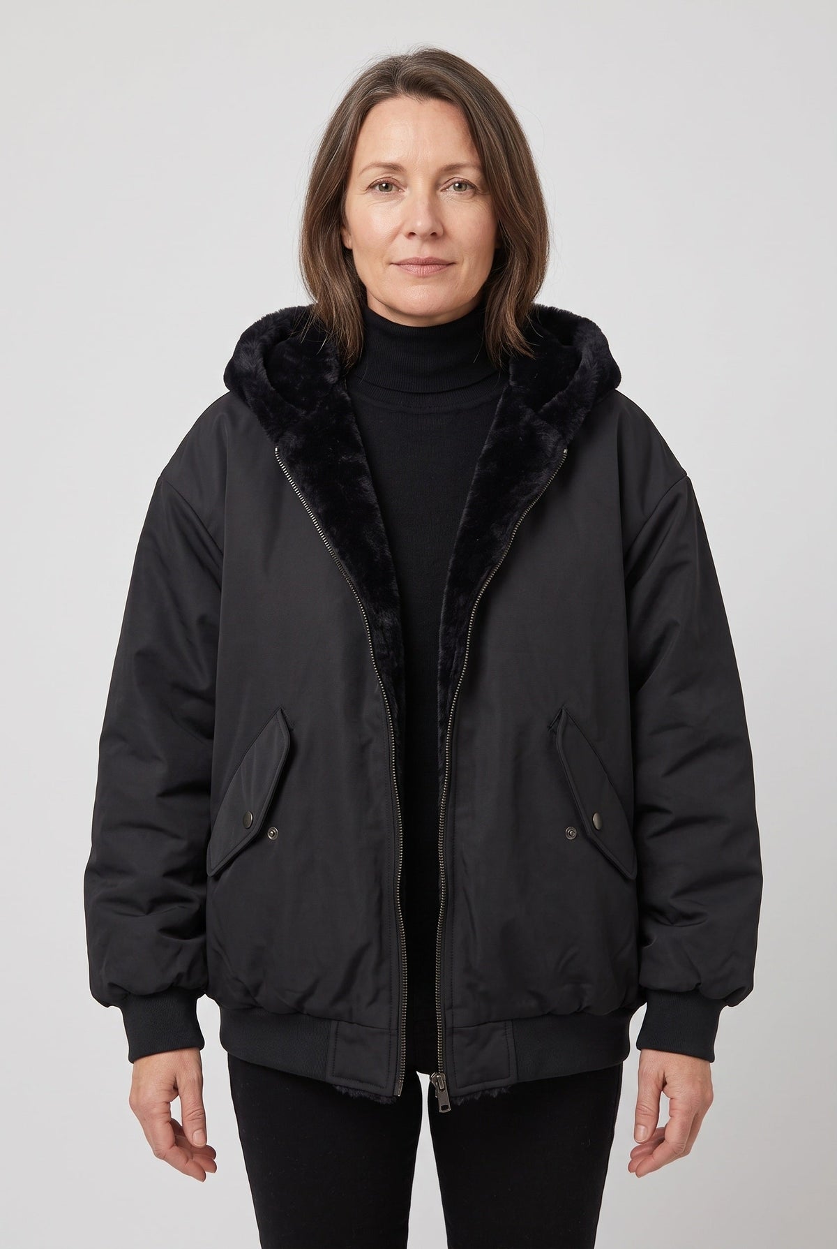 Women's Bomber Jacket | Hooded Faux Fur Lining - 1