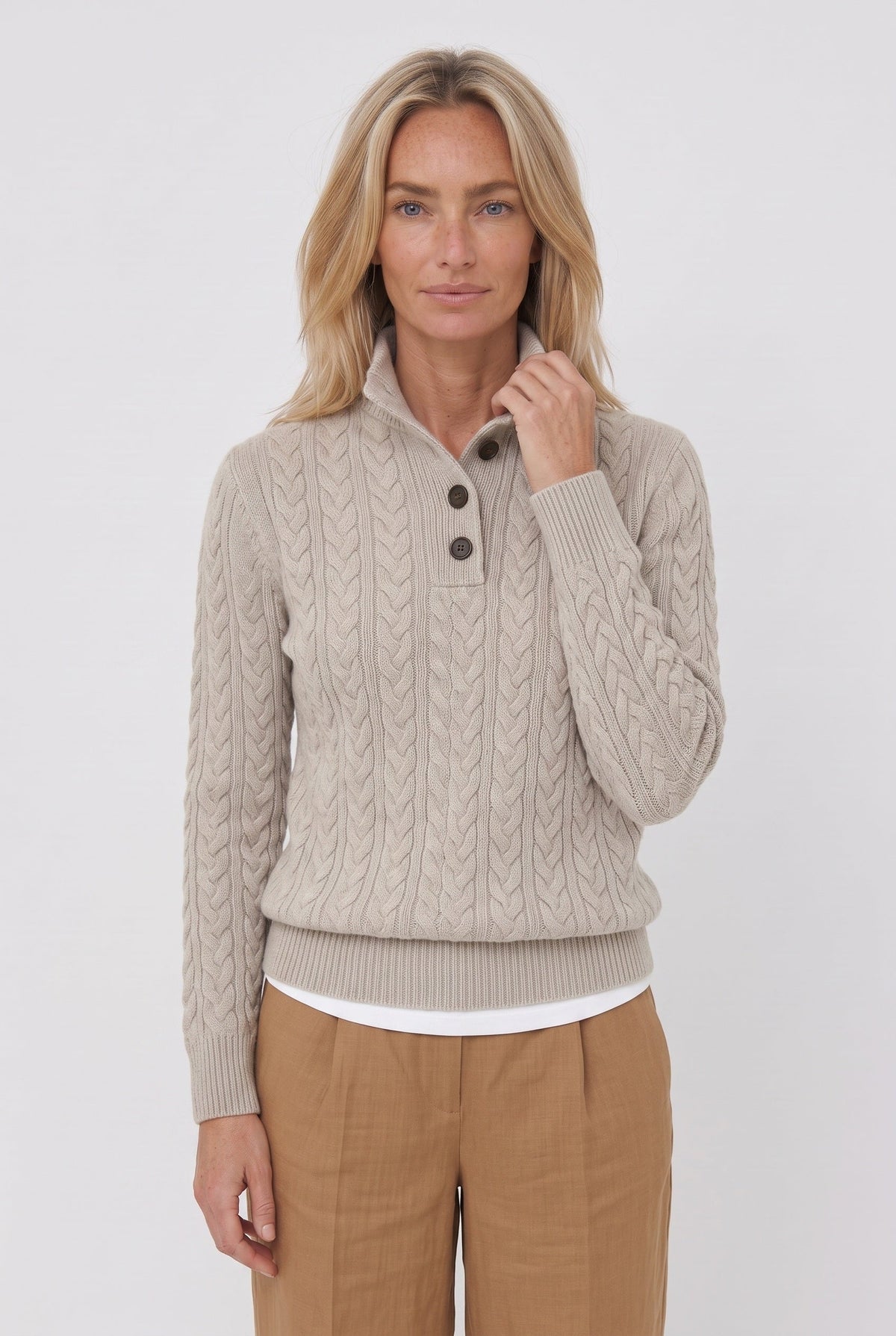 Women's Cable Knit Sweater | Button Placket Stand Collar - 5