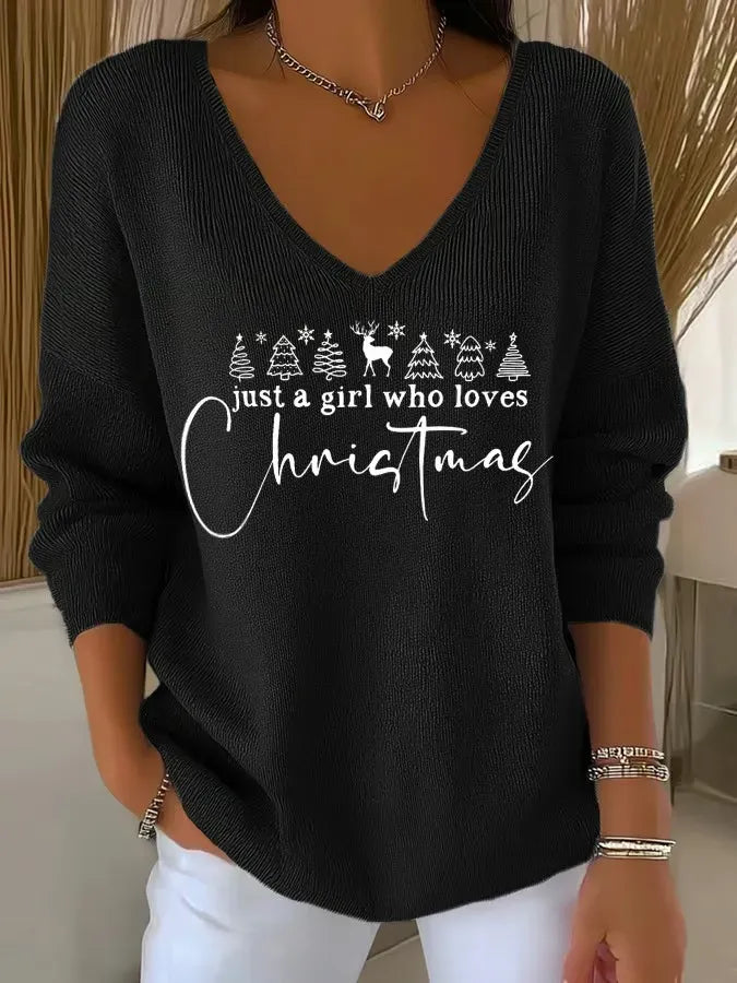 Women's Christmas Sweater | V-Neck Ribbed Knit Tree Print Jumper - 8