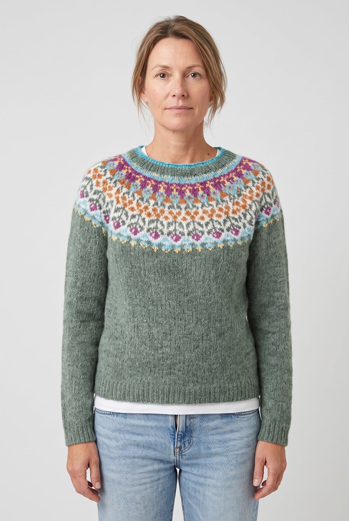 Women's Fair Isle Sweater | Geometric Yoke Ribbed Hem - 1