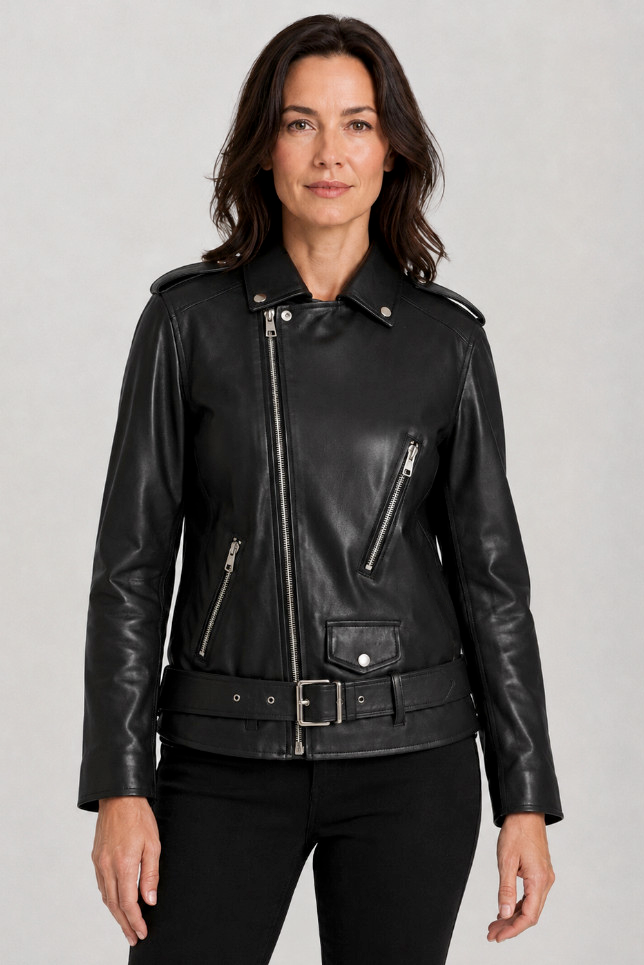 Women's Leather-Look Jacket | Asymmetric Zip Snap Collar - 1