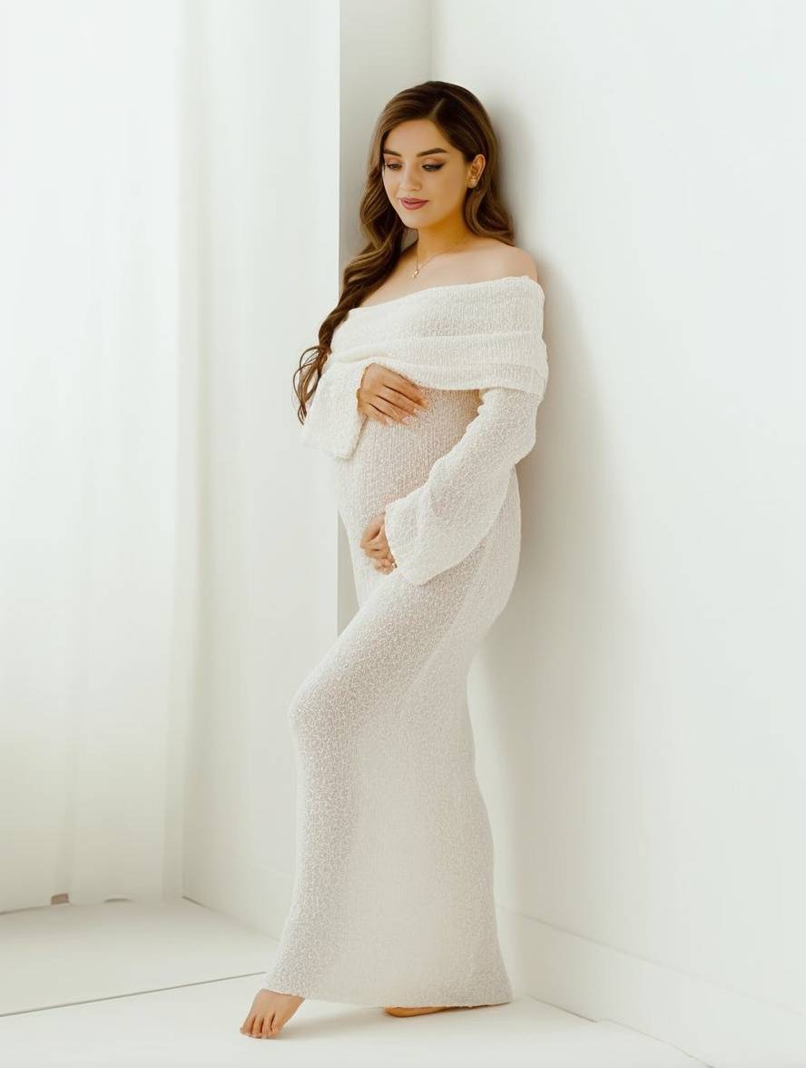Women's Maternity Dress | Off Shoulder Knit Bell Sleeve Maxi - 3