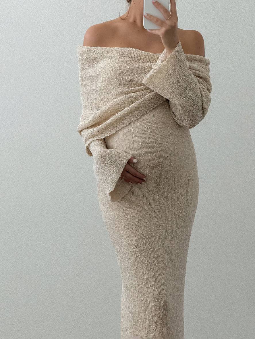 Women's Maternity Dress | Off Shoulder Knit Bell Sleeve Maxi - 7