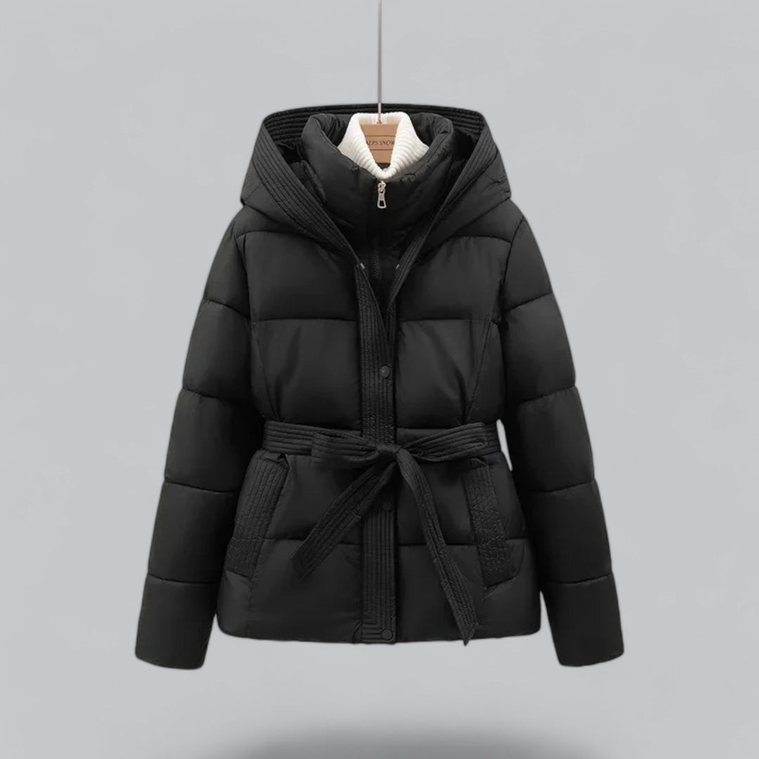Women's Puffer Jacket | Hooded Belted Quilted Zip-Up Short - 1