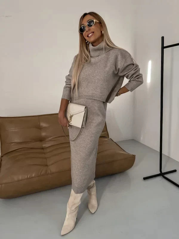 Women's Sweater Dress Set | Knit Turtleneck Jumper & Midi Dress - 2
