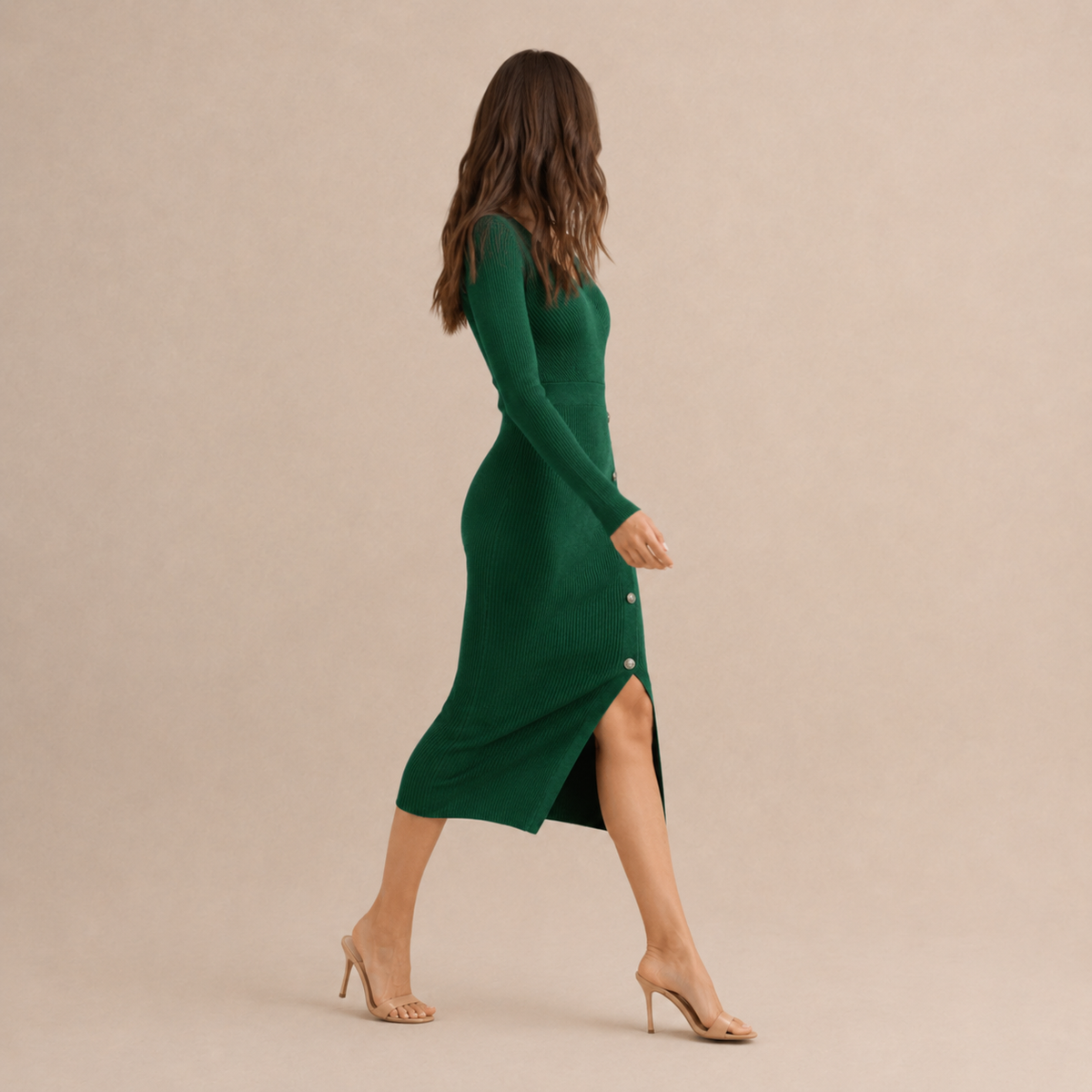 Women's Sweater Dress | Wrap V-Neck Ribbed Knit Button Trim Midi - 12