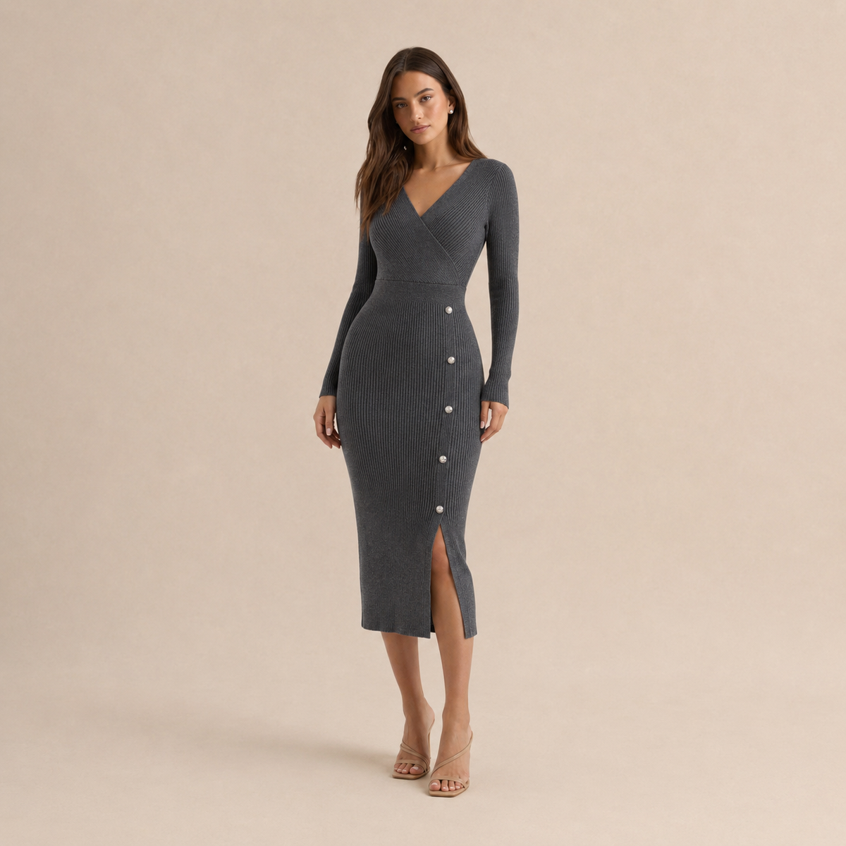 Women's Sweater Dress | Wrap V-Neck Ribbed Knit Button Trim Midi - 17