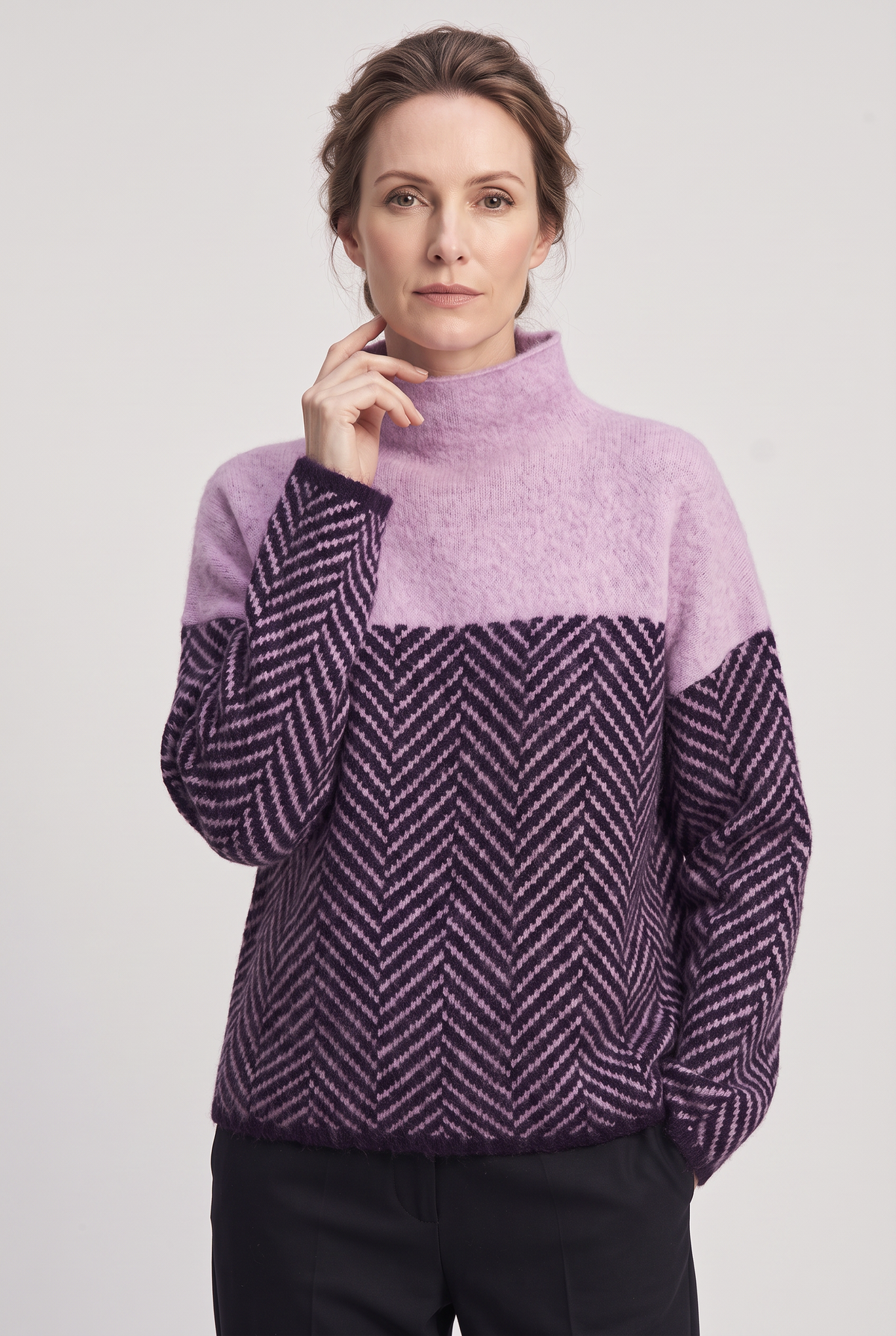 Women's Sweater | Funnel Neck Herringbone Panel - 5