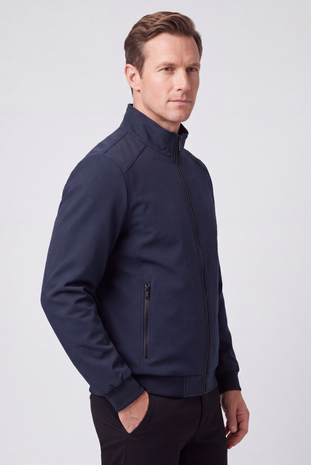 Men's Bomber Jacket | Stand Collar Ribbed Hem - 6