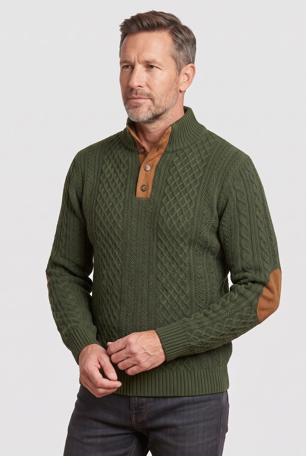 Men's Cable Knit Sweater | Button Neck Elbow Patches - 6