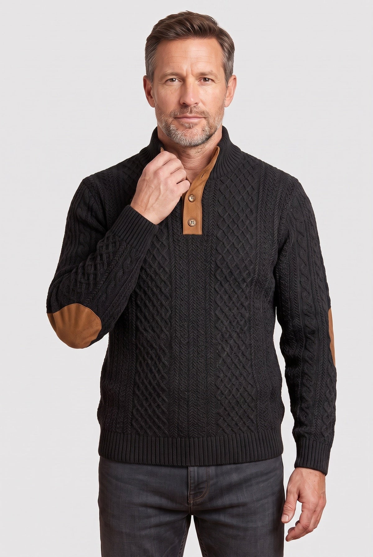 Men's Cable Knit Sweater | Button Neck Elbow Patches - 7