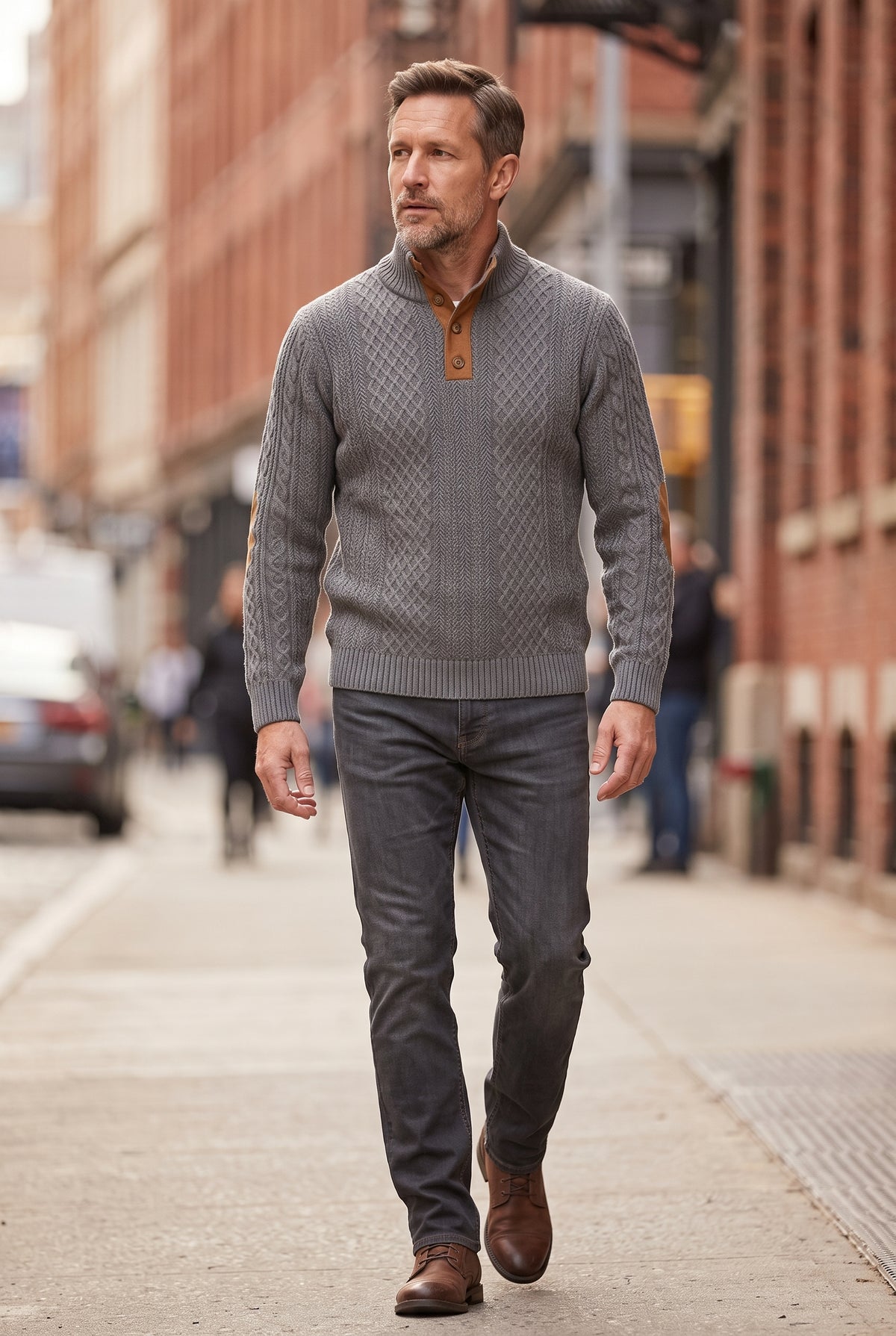 Men's Cable Knit Sweater | Button Neck Elbow Patches - Dark Gray lifestyle