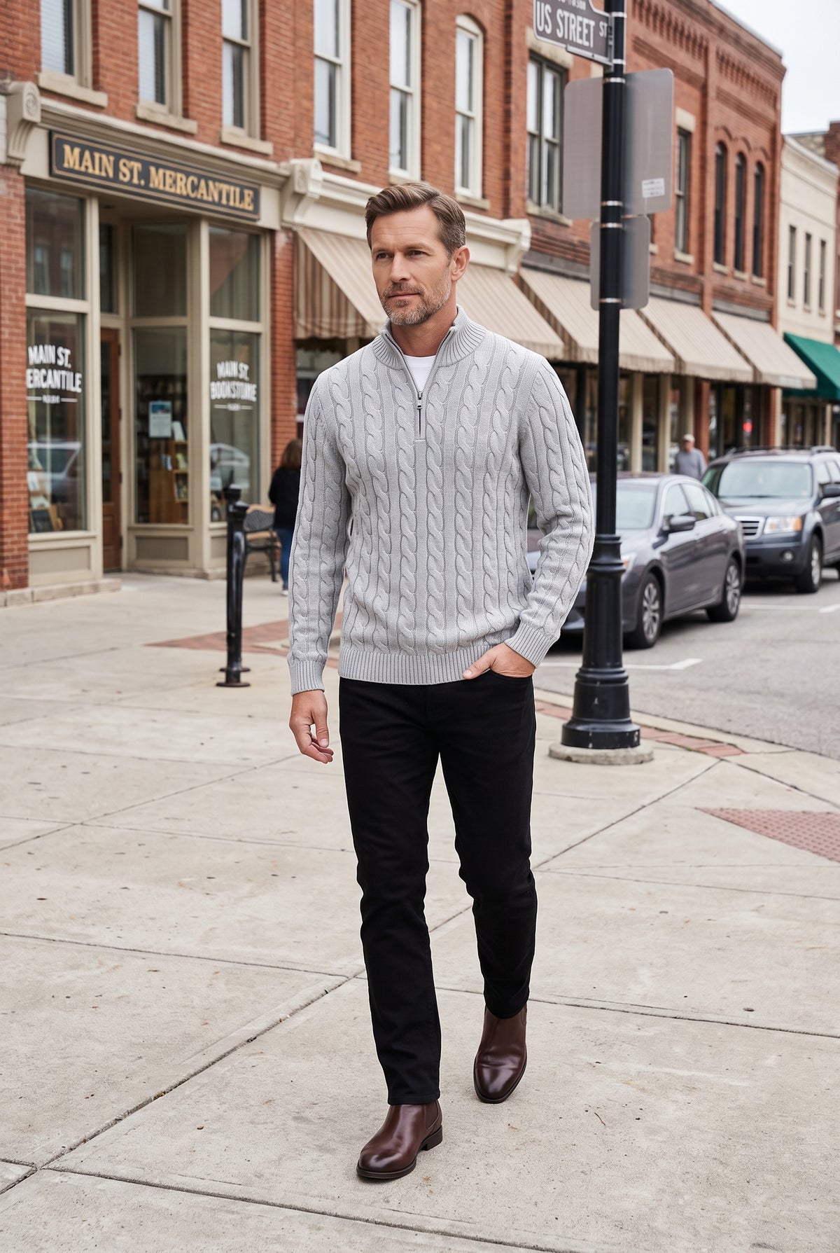 Men's Cable Knit Sweater | Quarter Zip Ribbed Collar - Gray lifestyle