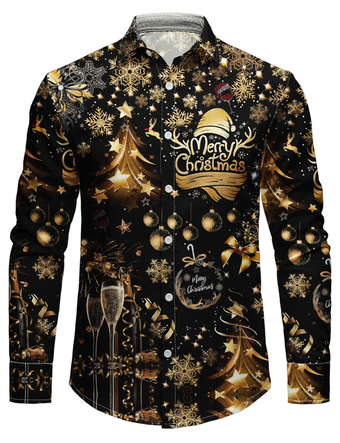 Men's Christmas Shirt | Gold Print Long Sleeve Button Up Party - 1