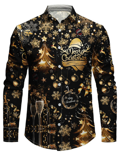 Men's Christmas Shirt | Gold Print Long Sleeve Button Up Party - 1