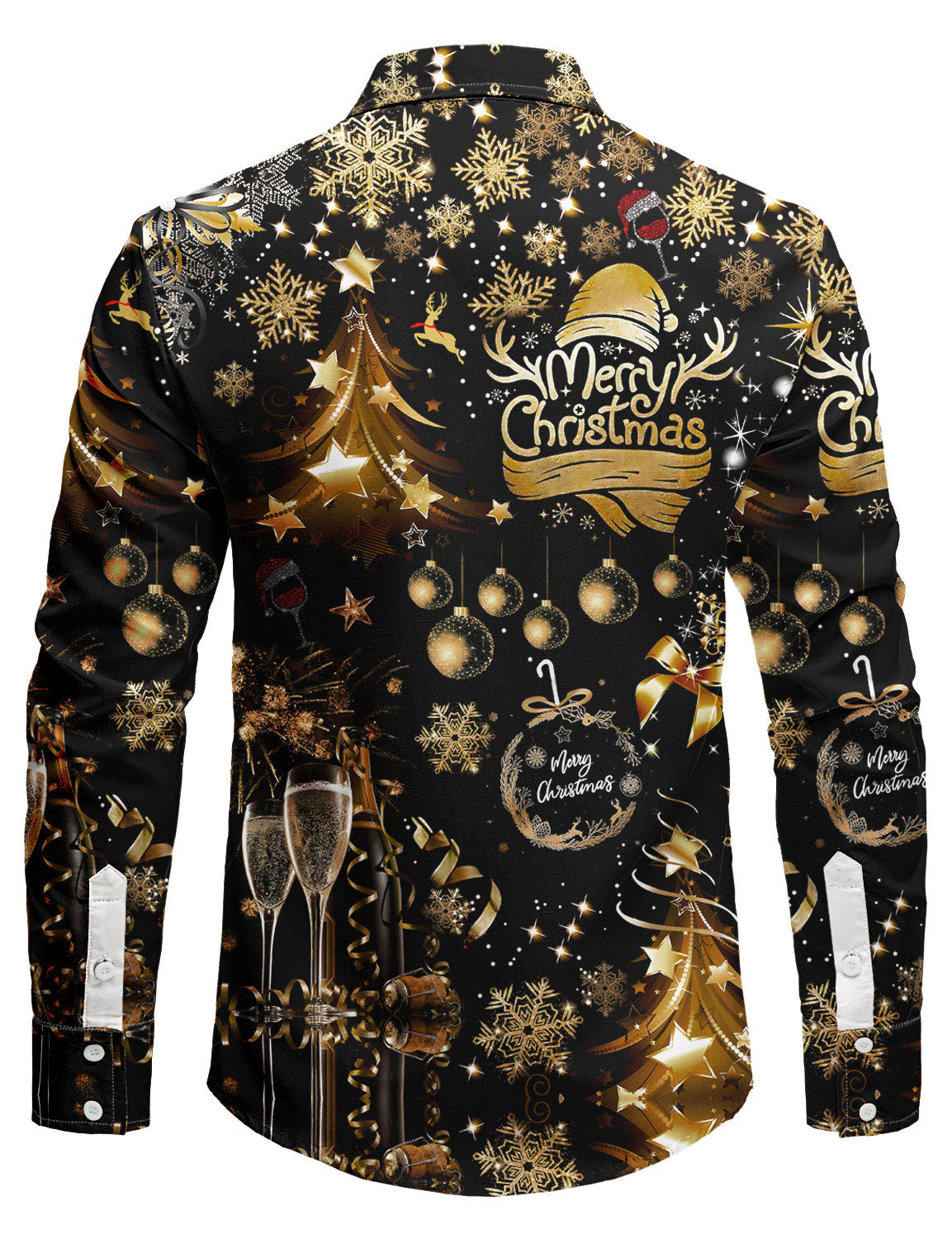 Men's Christmas Shirt | Gold Print Long Sleeve Button Up Party - 2