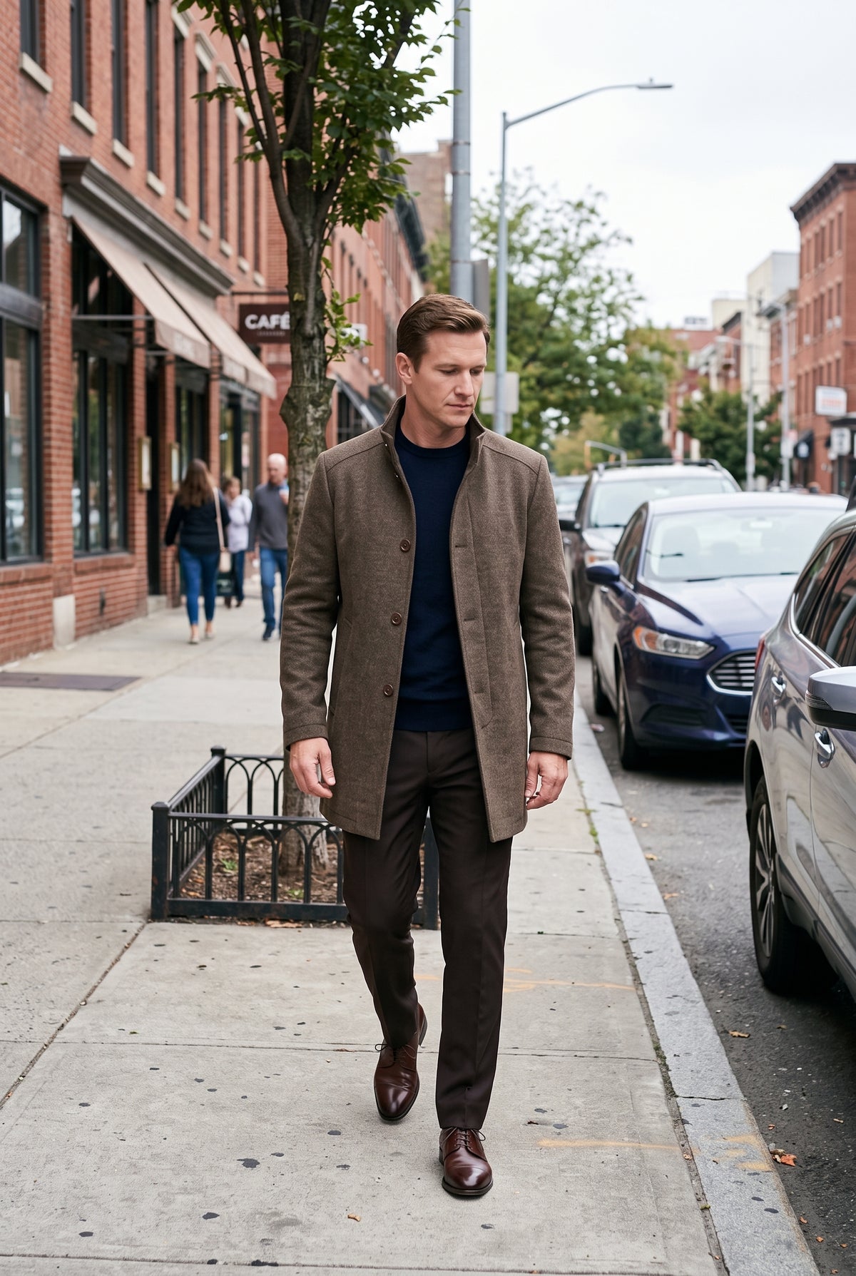 Men's Coat | Button Front with Stand Collar - Brown lifestyle