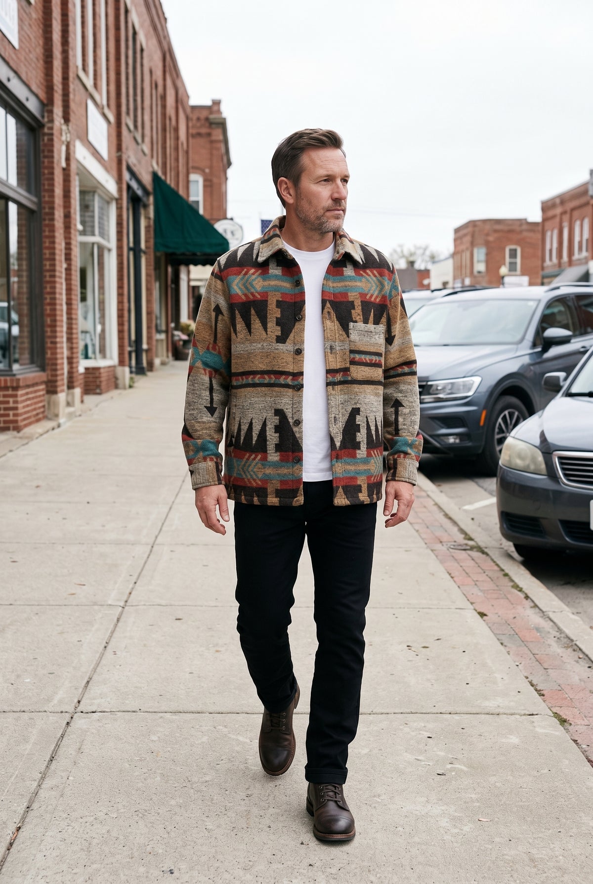 Men's Jacket | Aztec Print Button Front - Dark Brown lifestyle
