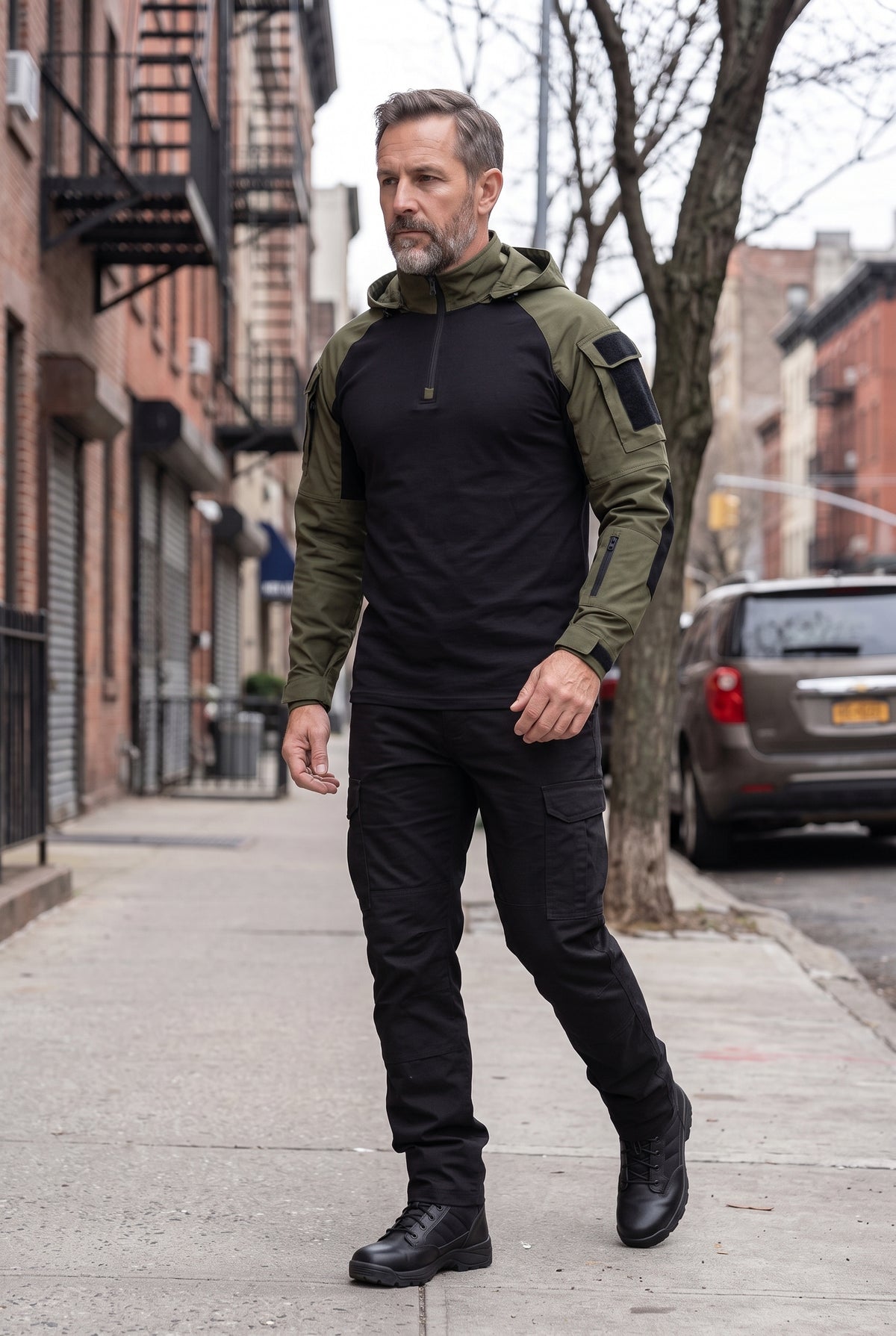 Men's Jacket | Hooded Tactical Quarter Zip - Dark Green lifestyle