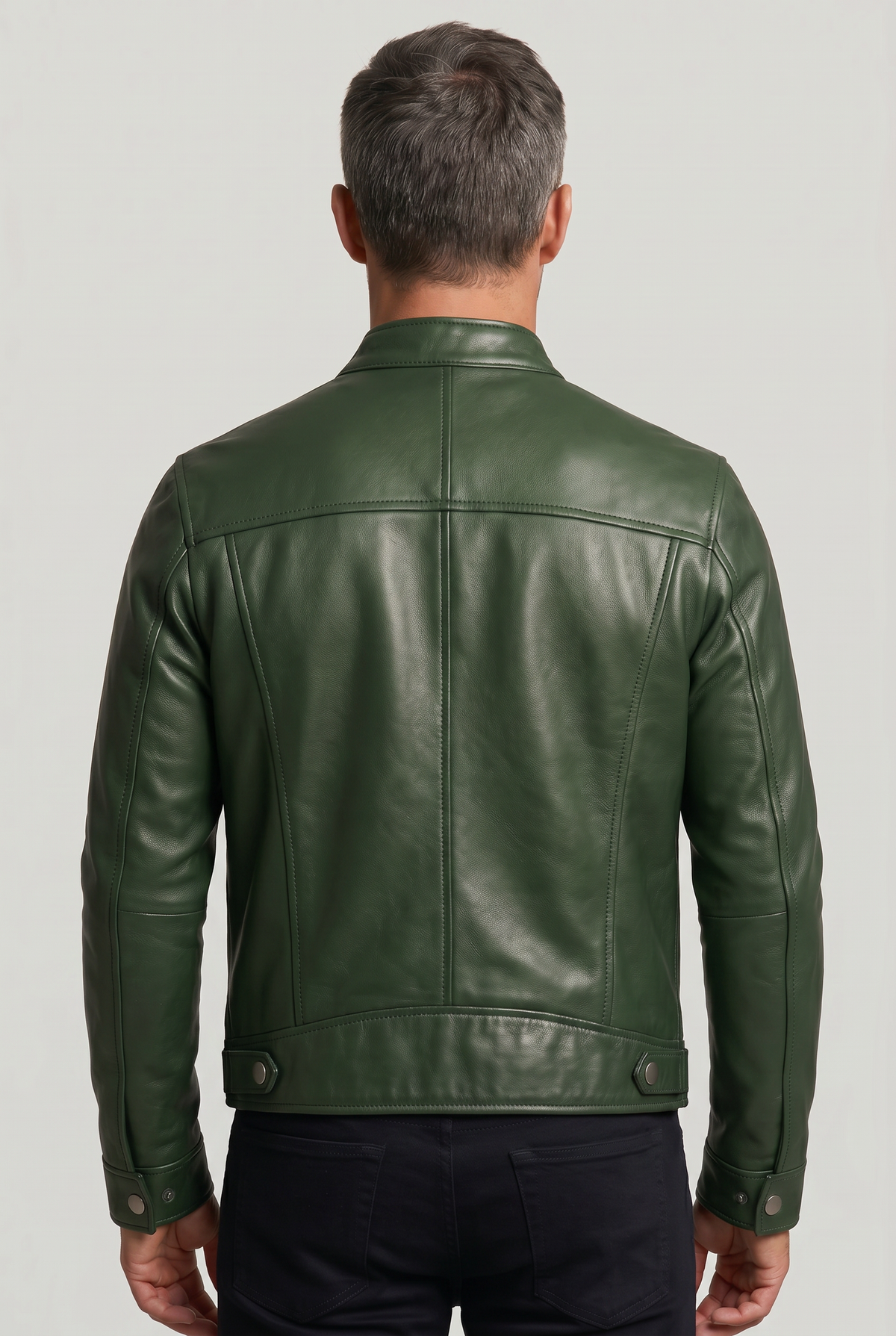 Men's Leather-Look Jacket | Band Collar Four Zip Pockets - 2