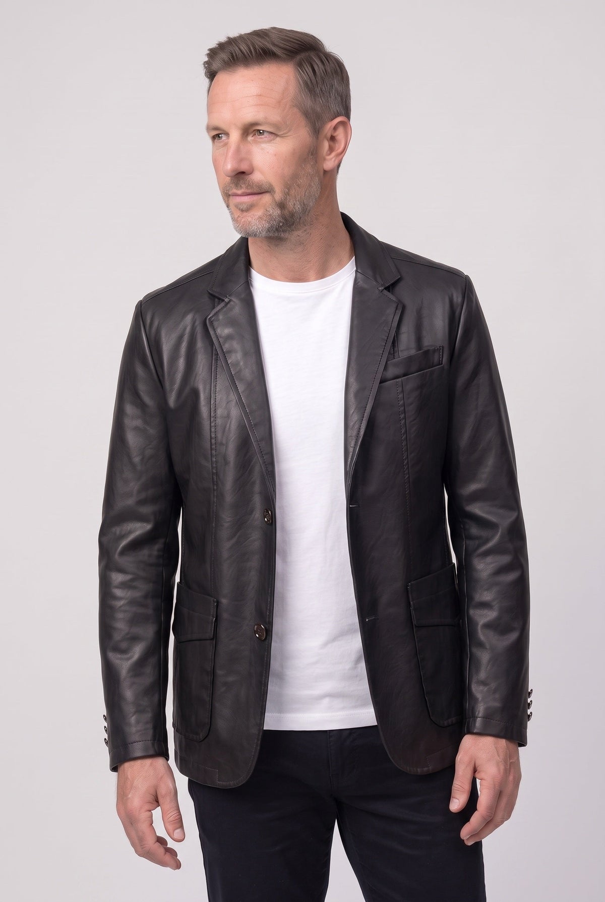 Men's Leather-Look Jacket | Notch Lapel Two Button - 7