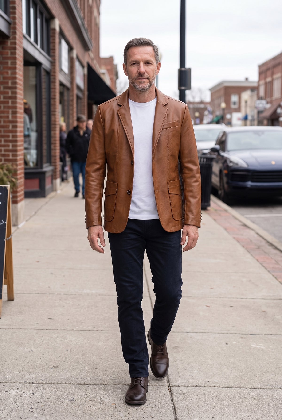 Men's Leather-Look Jacket | Notch Lapel Two Button - Cognac Brown lifestyle