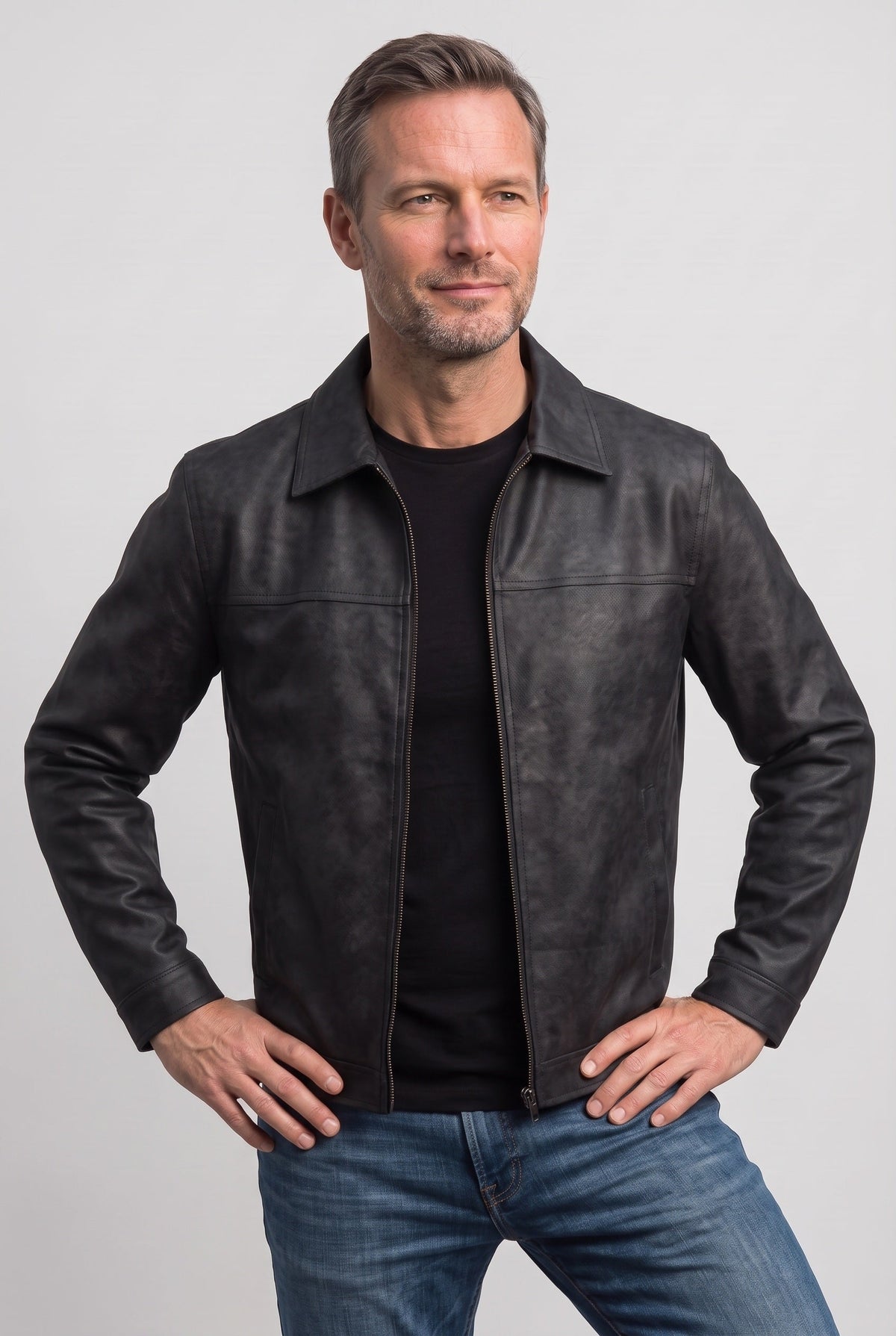 Men's Leather-Look Jacket | Shirt Collar Zip Front - 5