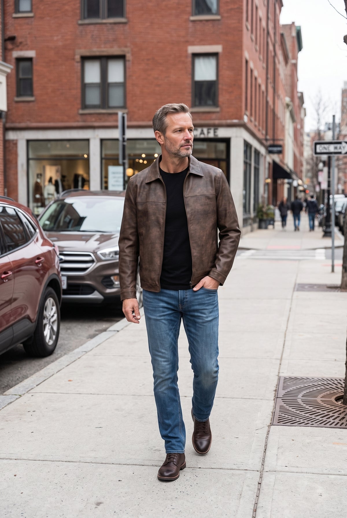 Men's Leather-Look Jacket | Shirt Collar Zip Front - Brown lifestyle
