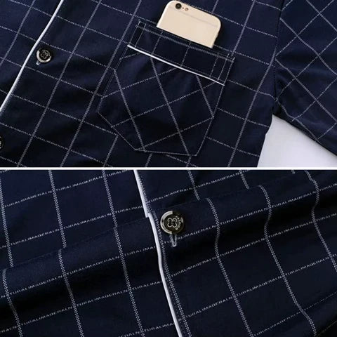 Men's Pajamas | Check Print Button Up Shirt & Pants Piped Set - 13