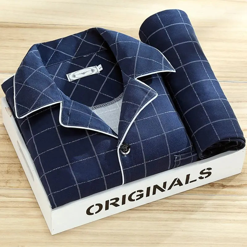 Men's Pajamas | Check Print Button Up Shirt & Pants Piped Set - 7