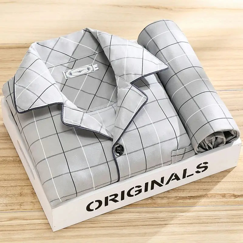 Men's Pajamas | Check Print Button Up Shirt & Pants Piped Set - 8