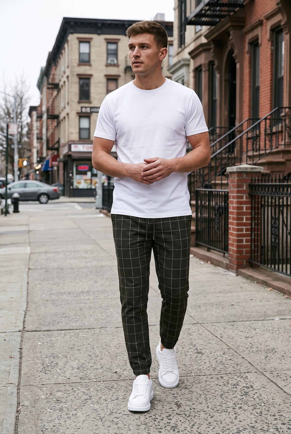 Men's Pants | Windowpane Check Elastic Cuffs - Black lifestyle