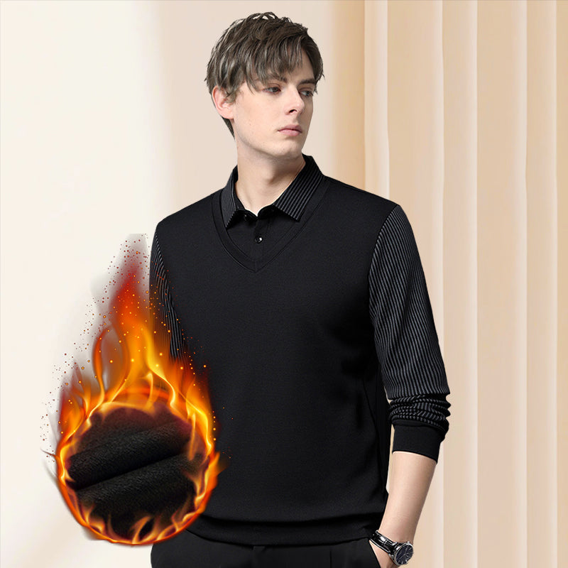 Men's Polo Sweater | Layered Look Shirt Collar Ribbed Sleeve Knit - 1