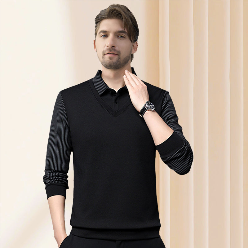 Men's Polo Sweater | Layered Look Shirt Collar Ribbed Sleeve Knit - 3