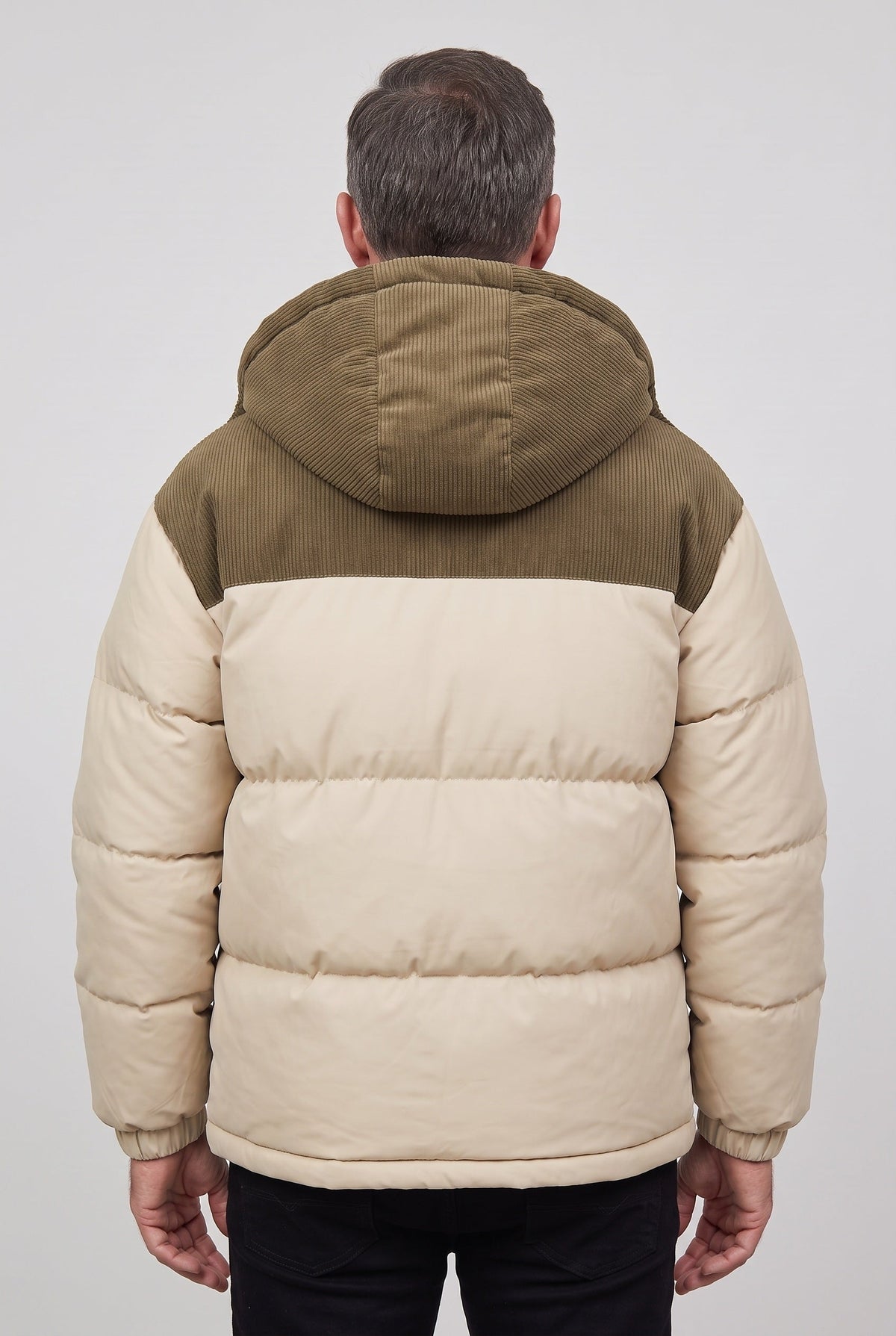 Men's Puffer Jacket | Hooded Two-Tone Ribbed Yoke - 2