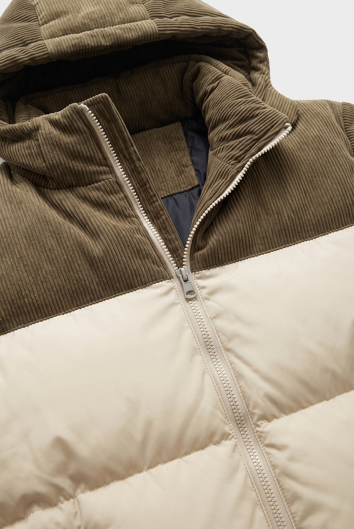 Men's Puffer Jacket | Hooded Two-Tone Ribbed Yoke - 3