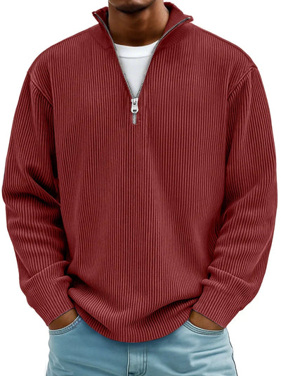 Men's Quarter Zip Sweater | Ribbed Knit Stand Collar Pullover - 1