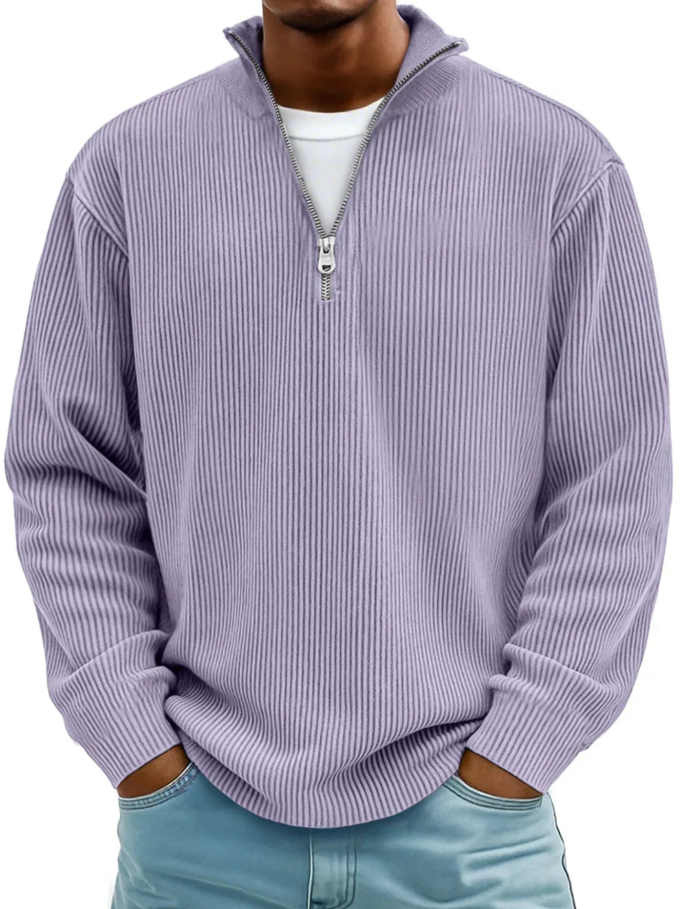 Men's Quarter Zip Sweater | Ribbed Knit Stand Collar Pullover - 3