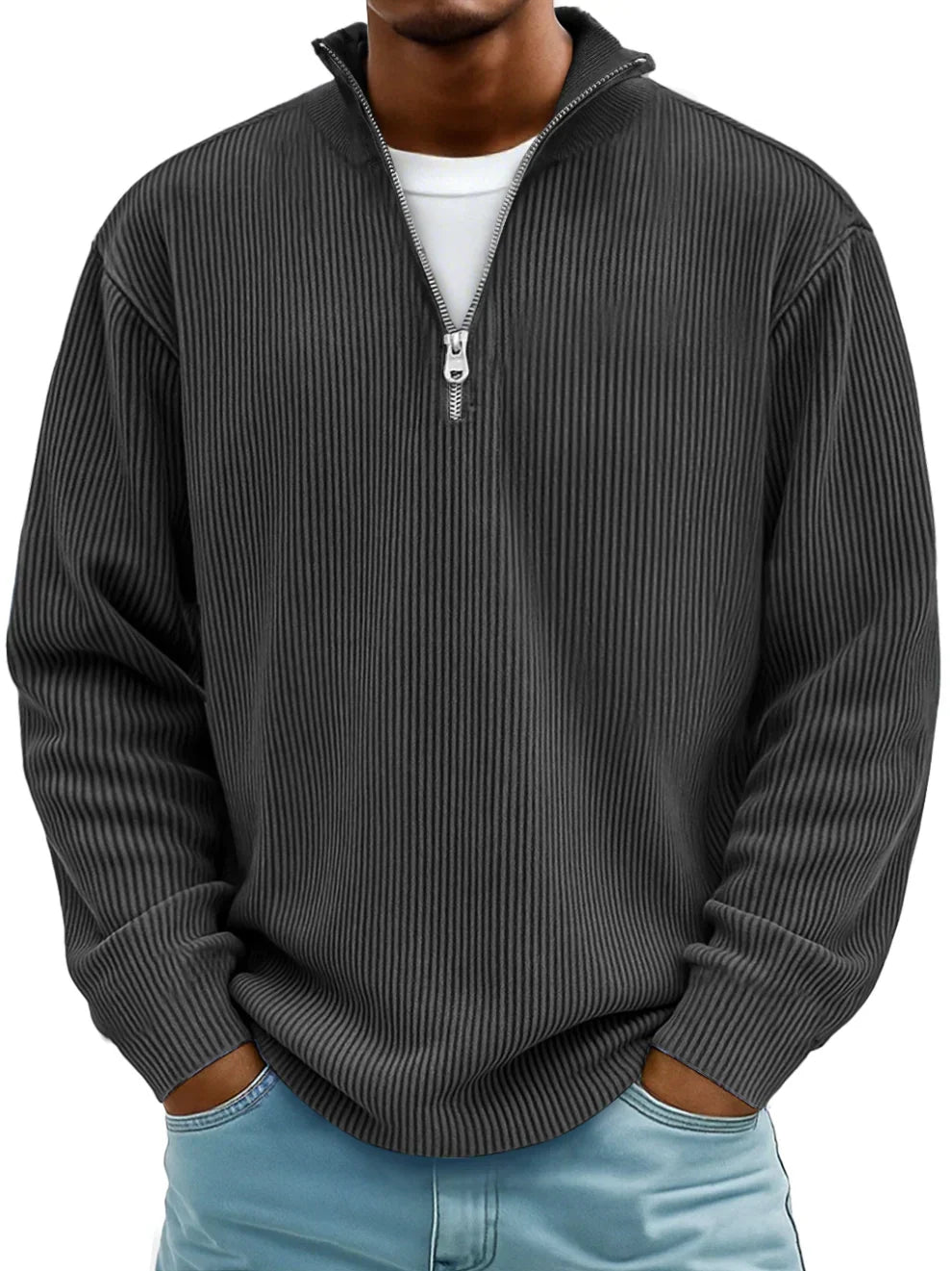 Men's Quarter Zip Sweater | Ribbed Knit Stand Collar Pullover - 4