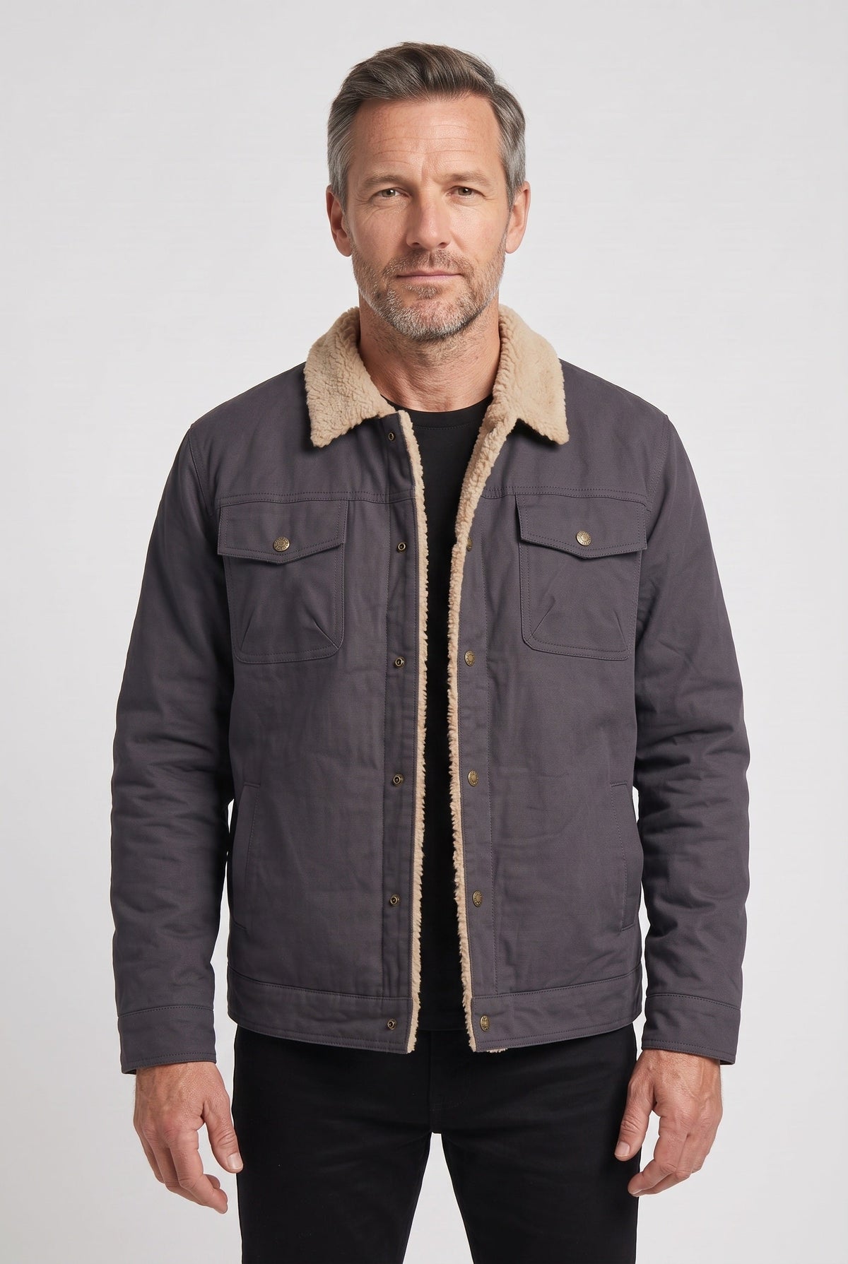 Men's Sherpa Jacket | Lined Collar with Snap Front - 1